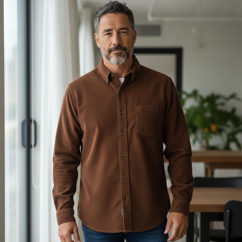 Cotton Traders Corduroy Button‎ Down Shirt Mens Brown Long Sleeve Size S